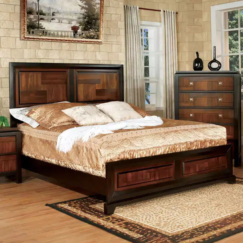 Lit Queen en bois massif d'acacia de style transitionnel avec tête de lit à motif de parquet
