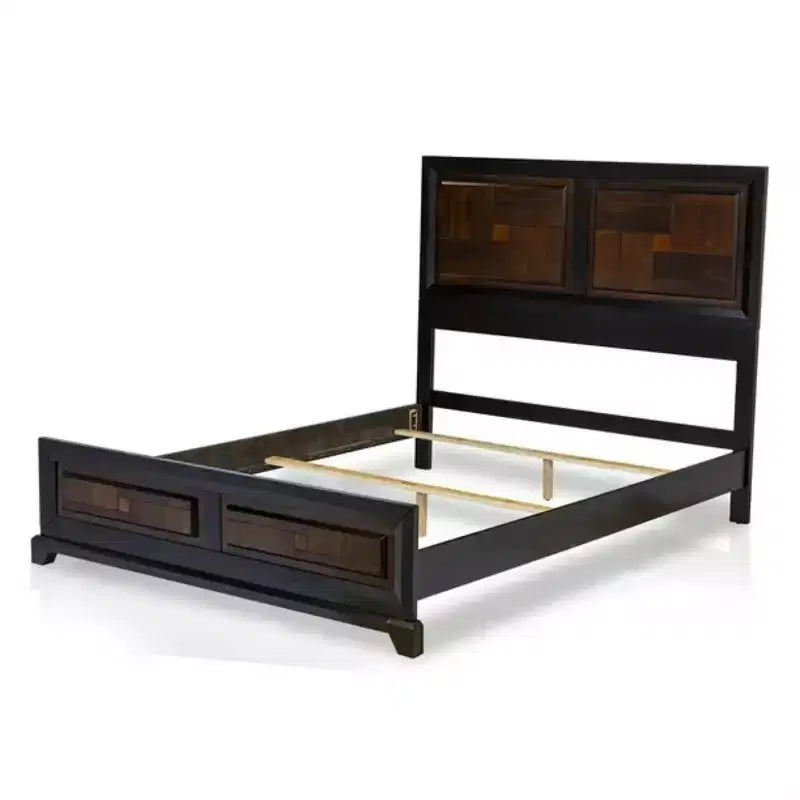 Lit Queen en bois massif d'acacia de style transitionnel avec tête de lit à motif de parquet