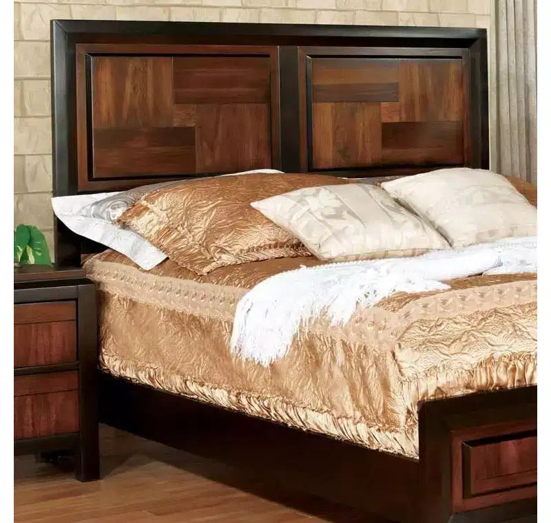 Lit Queen en bois massif d'acacia de style transitionnel avec tête de lit à motif de parquet