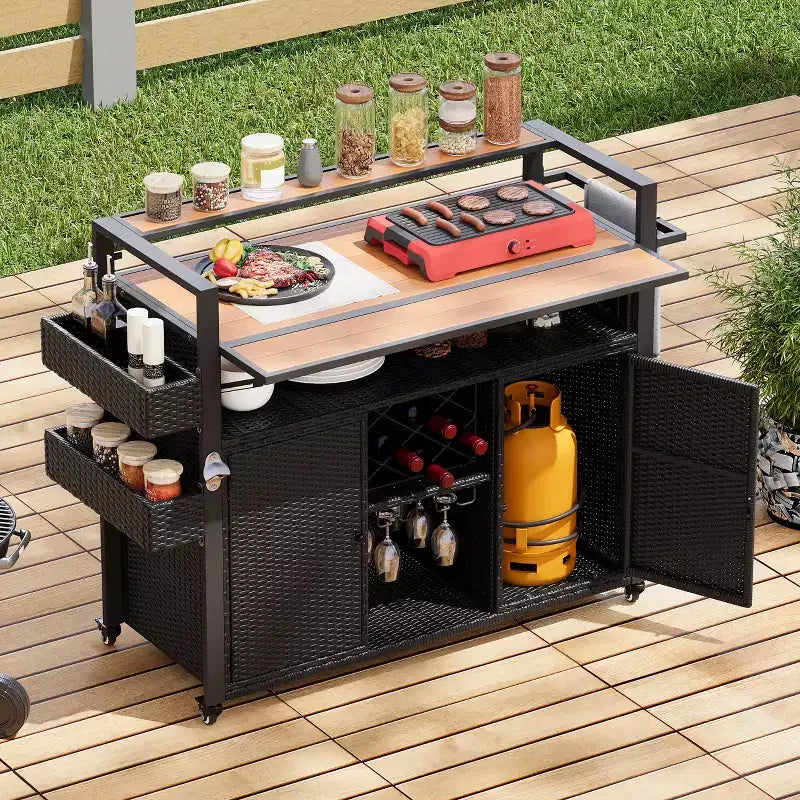 52.8W Wicker Outdoor Grill Cart with Extended Table Top, Rolling Kitchen Island with Ample Storage, Spice Racks & Lockable Wheels-ModernLuxe