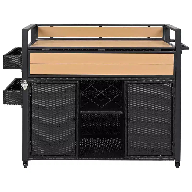 Chariot de barbecue d'extérieur en osier de 52,8 po avec plateau de table extensible, îlot de cuisine roulant avec grand espace de rangement, étagères à épices et roues verrouillables