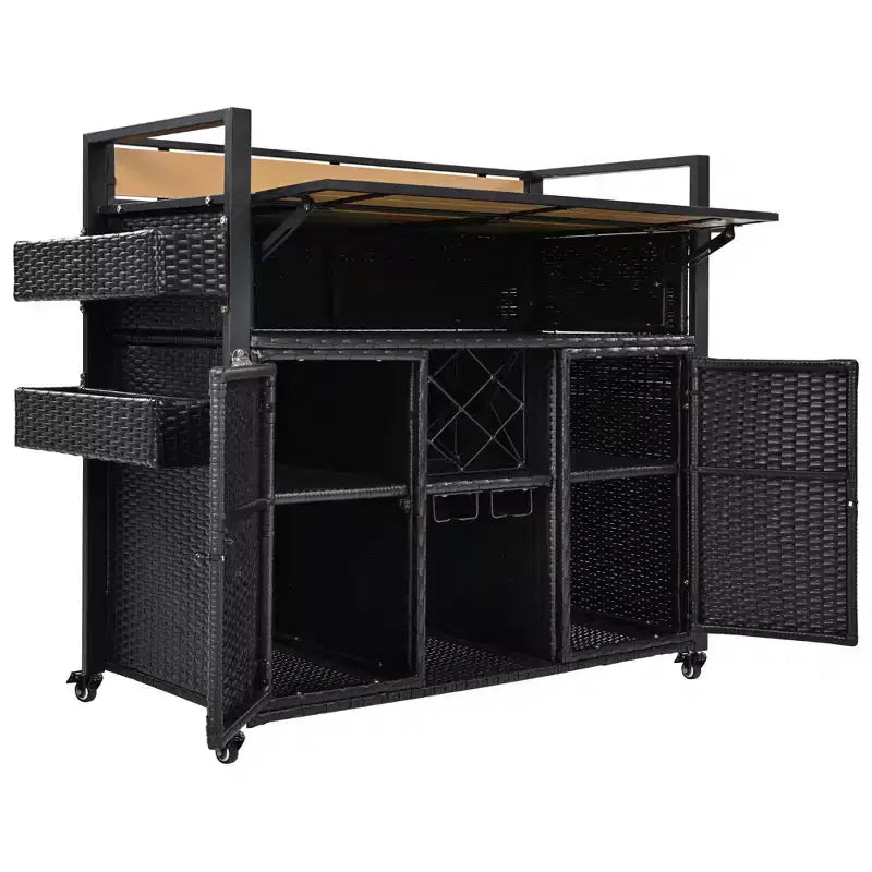Chariot de barbecue d'extérieur en osier de 52,8 po avec plateau de table extensible, îlot de cuisine roulant avec grand espace de rangement, étagères à épices et roues verrouillables