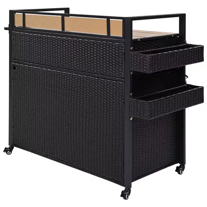 Chariot de barbecue d'extérieur en osier de 52,8 po avec plateau de table extensible, îlot de cuisine roulant avec grand espace de rangement, étagères à épices et roues verrouillables
