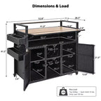 Chariot de barbecue d'extérieur en osier de 52,8 po avec plateau de table extensible, îlot de cuisine roulant avec grand espace de rangement, étagères à épices et roues verrouillables