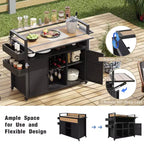 Chariot de barbecue d'extérieur en osier de 52,8 po avec plateau de table extensible, îlot de cuisine roulant avec grand espace de rangement, étagères à épices et roues verrouillables