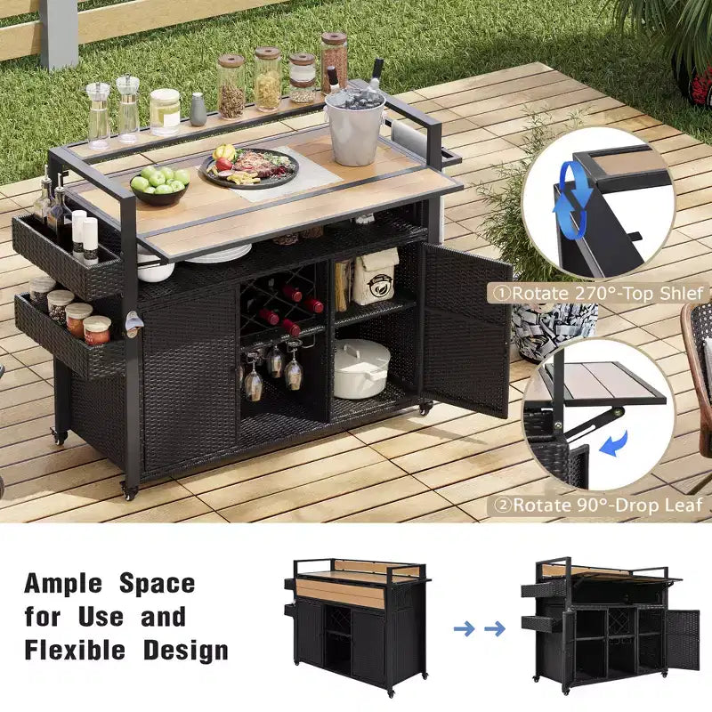 Chariot de barbecue d'extérieur en osier de 52,8 po avec plateau de table extensible, îlot de cuisine roulant avec grand espace de rangement, étagères à épices et roues verrouillables