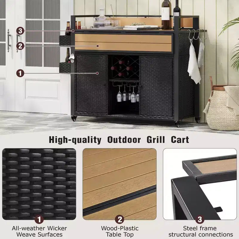 Chariot de barbecue d'extérieur en osier de 52,8 po avec plateau de table extensible, îlot de cuisine roulant avec grand espace de rangement, étagères à épices et roues verrouillables