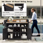Chariot de barbecue d'extérieur en osier de 52,8 po avec plateau de table extensible, îlot de cuisine roulant avec grand espace de rangement, étagères à épices et roues verrouillables