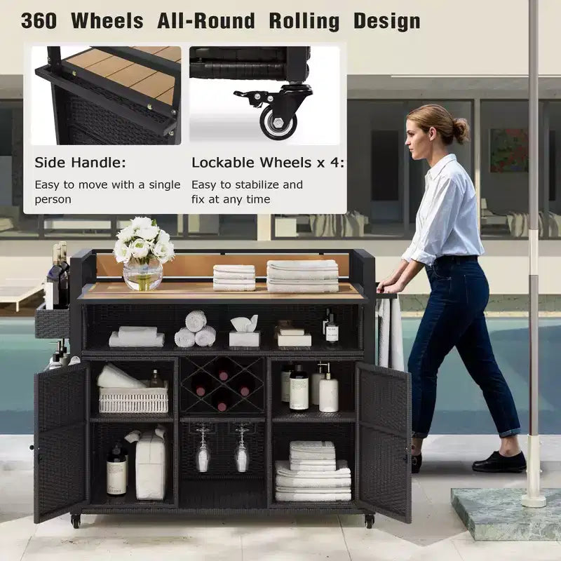 Chariot de barbecue d'extérieur en osier de 52,8 po avec plateau de table extensible, îlot de cuisine roulant avec grand espace de rangement, étagères à épices et roues verrouillables