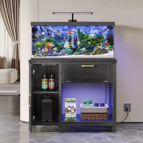 Bestier 40-50 Gallon Fish Tank Stand Wood Aquarium Stand with Storage Cabinet & Power Outlets LED Light, 660lbs Capacity, Black