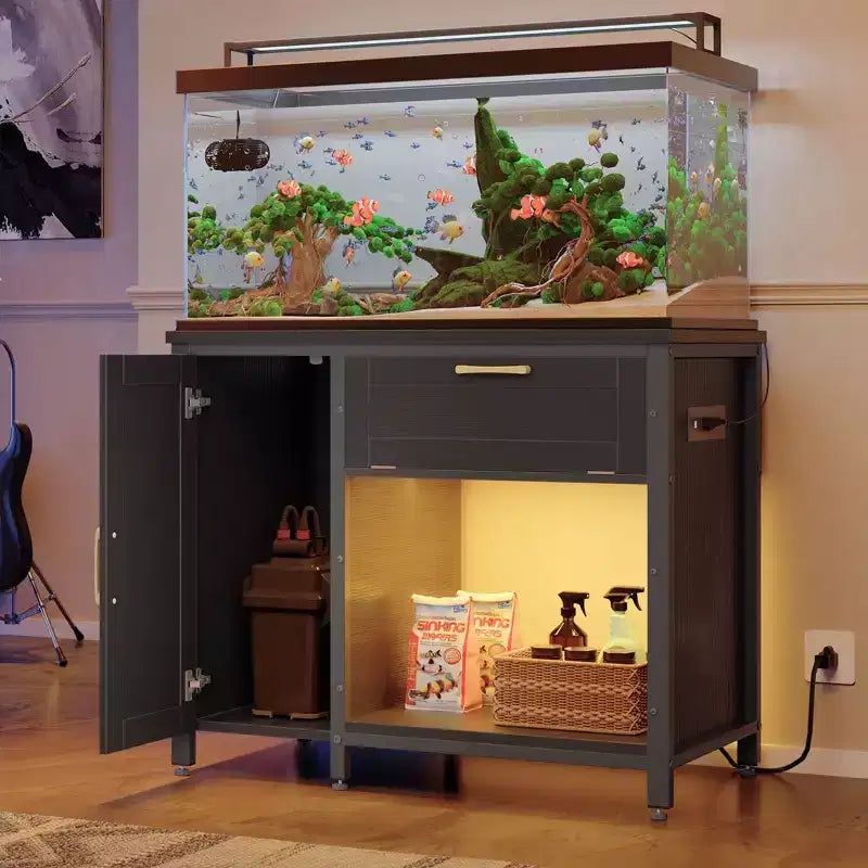 Meuble d'aquarium en bois de 150 à 190 litres avec rangement et prises électriques, éclairage LED, capacité de 300 kg, Noir