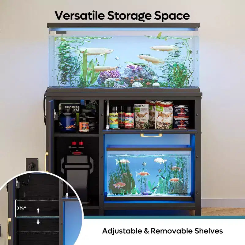 Meuble d'aquarium en bois de 150 à 190 litres avec rangement et prises électriques, éclairage LED, capacité de 300 kg, Noir