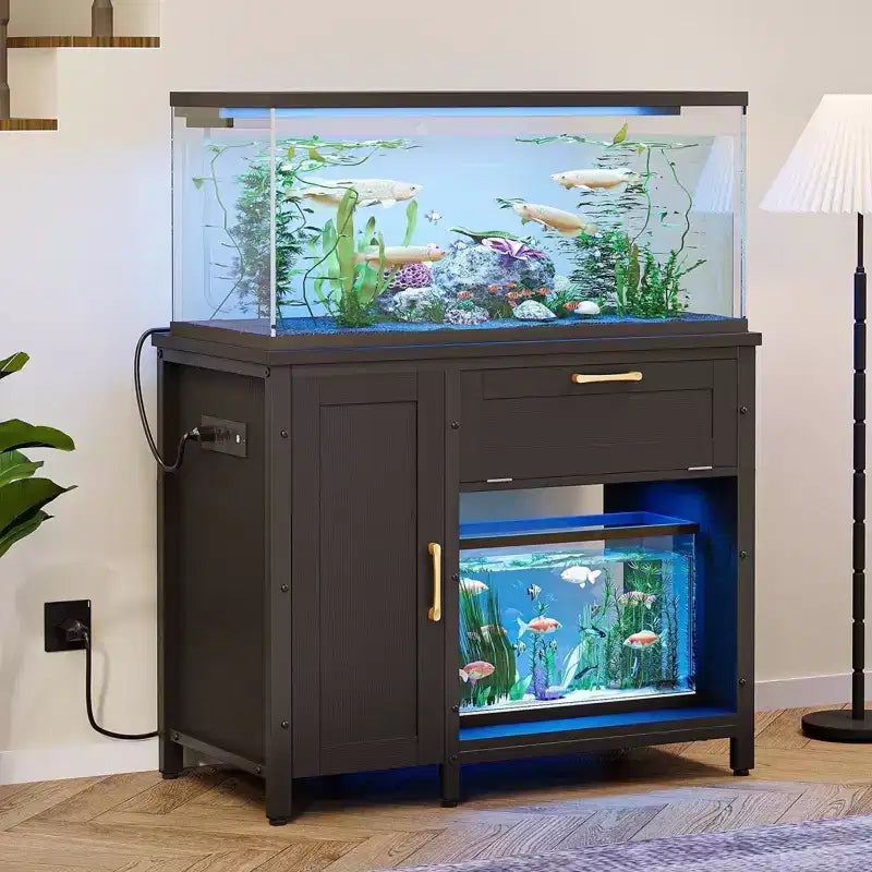 Meuble d'aquarium en bois de 150 à 190 litres avec rangement et prises électriques, éclairage LED, capacité de 300 kg, Noir