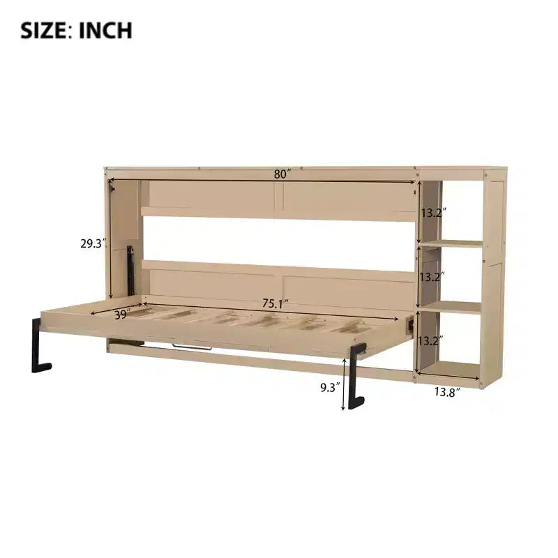 Lit escamotable simple avec étagère intégrée et espace de rangement - Conception robuste en LVL/MDF peu encombrante, pas besoin de sommier tapissier