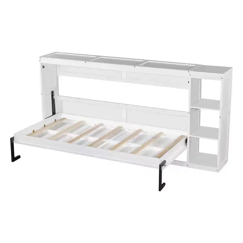 Lit escamotable simple avec étagère intégrée et espace de rangement - Conception robuste en LVL/MDF peu encombrante, pas besoin de sommier tapissier