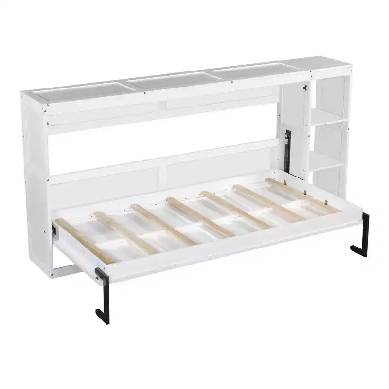 Lit escamotable simple avec étagère intégrée et espace de rangement - Conception robuste en LVL/MDF peu encombrante, pas besoin de sommier tapissier