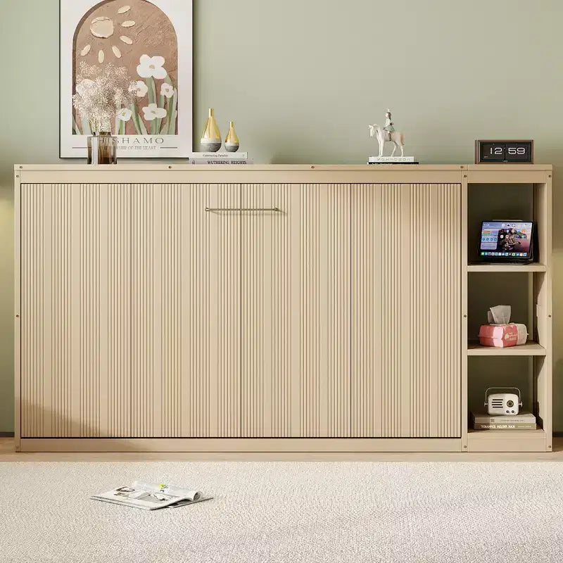 Lit escamotable simple avec étagère intégrée et espace de rangement - Conception robuste en LVL/MDF peu encombrante, pas besoin de sommier tapissier