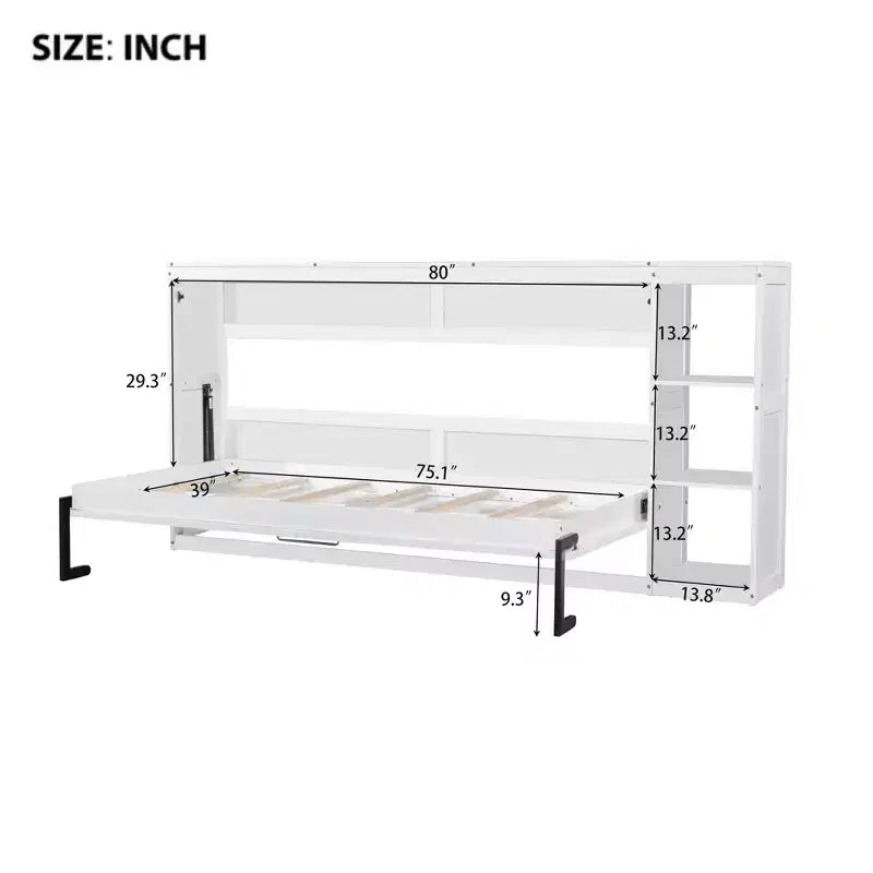 Lit escamotable simple avec étagère intégrée et espace de rangement - Conception robuste en LVL/MDF peu encombrante, pas besoin de sommier tapissier