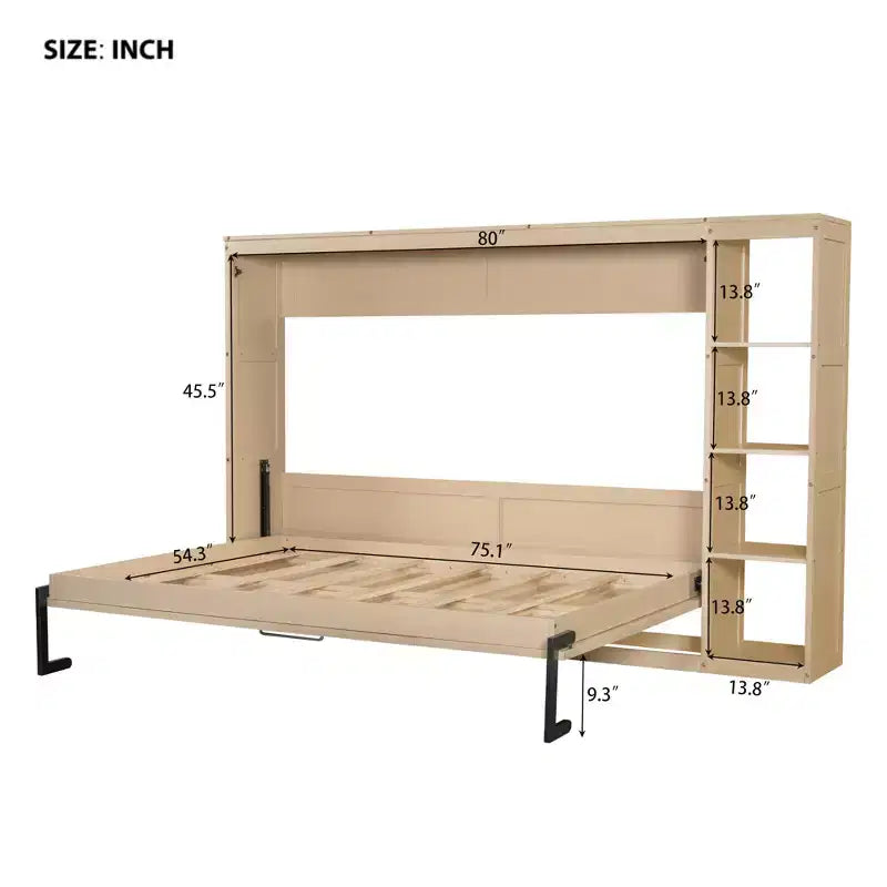 Lit escamotable simple avec étagère intégrée et espace de rangement - Conception robuste en LVL/MDF peu encombrante, pas besoin de sommier tapissier