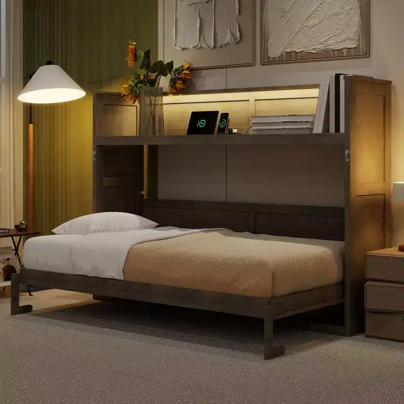 Lit escamotable simple avec étagère intégrée et espace de rangement - Conception robuste en LVL/MDF peu encombrante, pas besoin de sommier tapissier