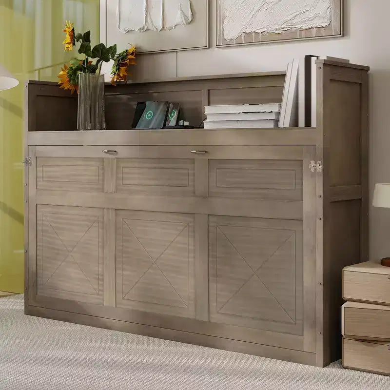 Lit escamotable simple avec étagère intégrée et espace de rangement - Conception robuste en LVL/MDF peu encombrante, pas besoin de sommier tapissier