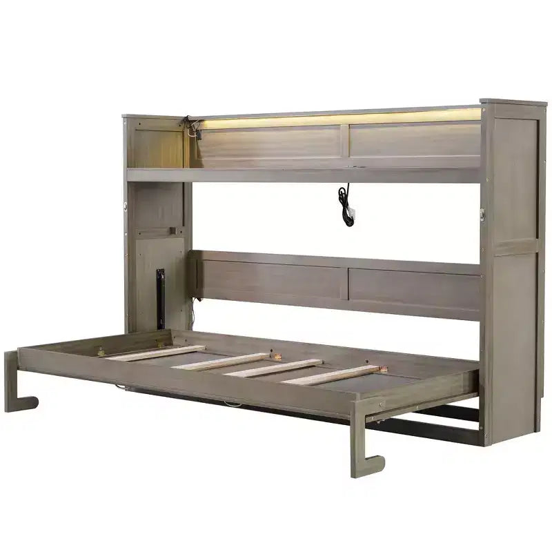 Lit escamotable simple avec étagère intégrée et espace de rangement - Conception robuste en LVL/MDF peu encombrante, pas besoin de sommier tapissier