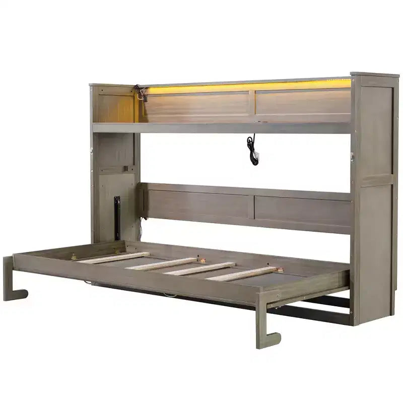 Lit escamotable simple avec étagère intégrée et espace de rangement - Conception robuste en LVL/MDF peu encombrante, pas besoin de sommier tapissier