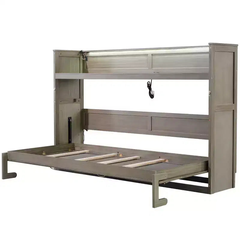 Lit escamotable simple avec étagère intégrée et espace de rangement - Conception robuste en LVL/MDF peu encombrante, pas besoin de sommier tapissier