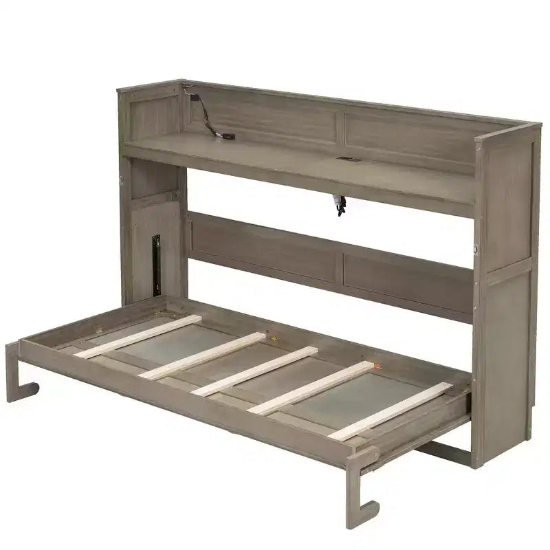 Lit escamotable simple avec étagère intégrée et espace de rangement - Conception robuste en LVL/MDF peu encombrante, pas besoin de sommier tapissier