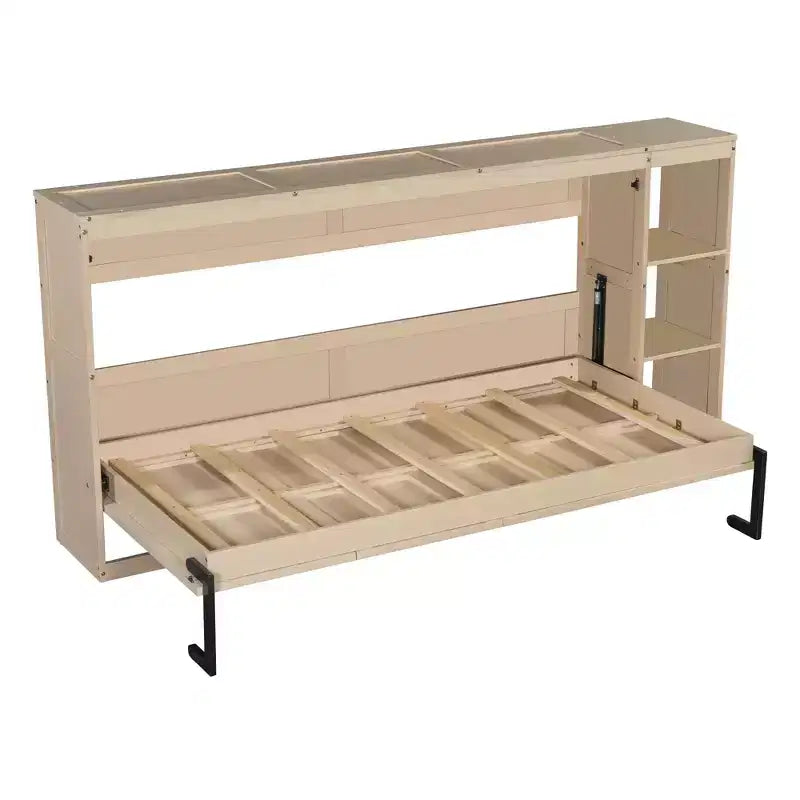 Lit escamotable simple avec étagère intégrée et espace de rangement - Conception robuste en LVL/MDF peu encombrante, pas besoin de sommier tapissier