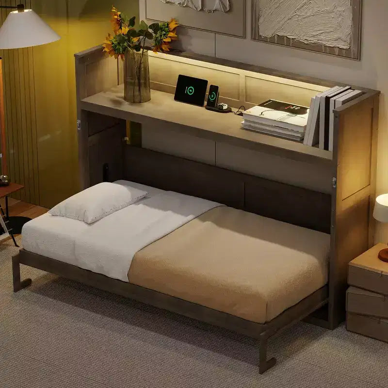 Lit escamotable simple avec étagère intégrée et espace de rangement - Conception robuste en LVL/MDF peu encombrante, pas besoin de sommier tapissier