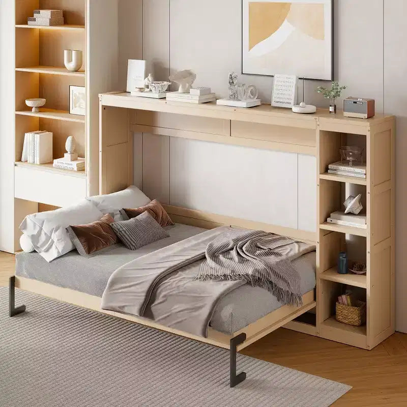Lit escamotable simple avec étagère intégrée et espace de rangement - Conception robuste en LVL/MDF peu encombrante, pas besoin de sommier tapissier