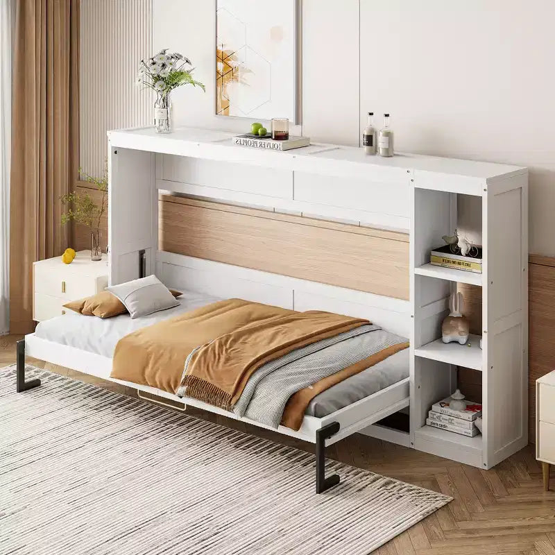 Lit escamotable simple avec étagère intégrée et espace de rangement - Conception robuste en LVL/MDF peu encombrante, pas besoin de sommier tapissier