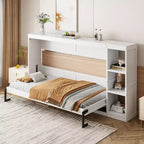 Lit escamotable simple avec étagère intégrée et espace de rangement - Conception robuste en LVL/MDF peu encombrante, pas besoin de sommier tapissier