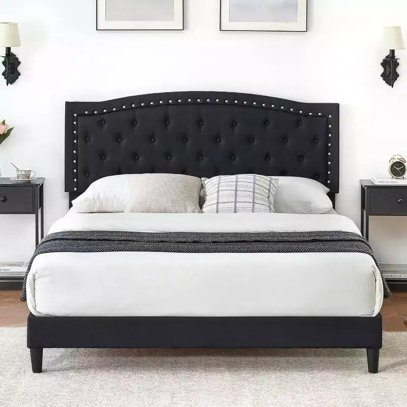 Full Size Bed Frame, Velvet Upholstered Bed Frame, with Adjustable Headboard, Wood Slat Support, Noise-free, No Box Spring Needed, Dark Gray