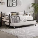Twin Size Daybed Frame with Trundle, Floral Headboard and Heavy-duty Steel Slats, Ideal for Living Rooms and Guest Rooms, Gold