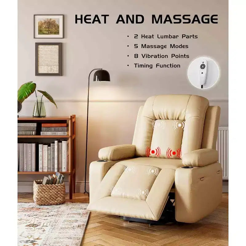 Fauteuil inclinable électrique surdimensionné avec chauffage et massage - Fauteuil inclinable en similicuir, rangement intégré et porte-gobelets
