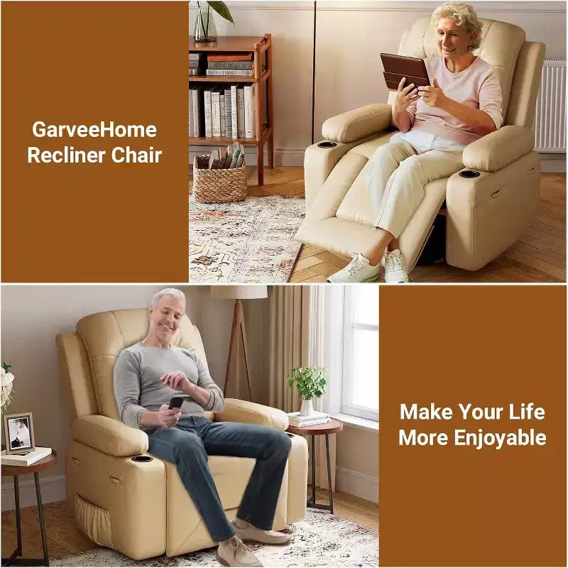 Fauteuil inclinable électrique surdimensionné avec chauffage et massage - Fauteuil inclinable en similicuir, rangement intégré et porte-gobelets