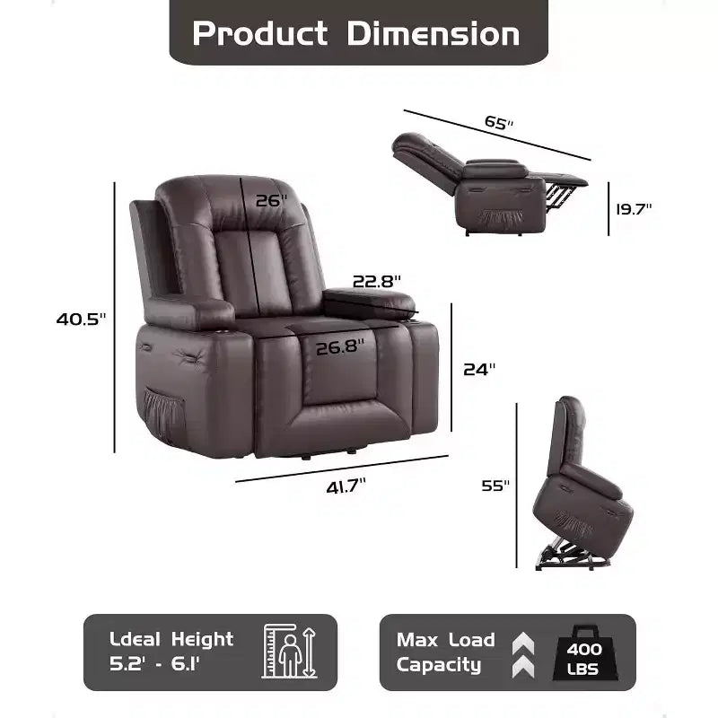 Fauteuil inclinable électrique surdimensionné avec chauffage et massage - Fauteuil inclinable en similicuir, rangement intégré et porte-gobelets