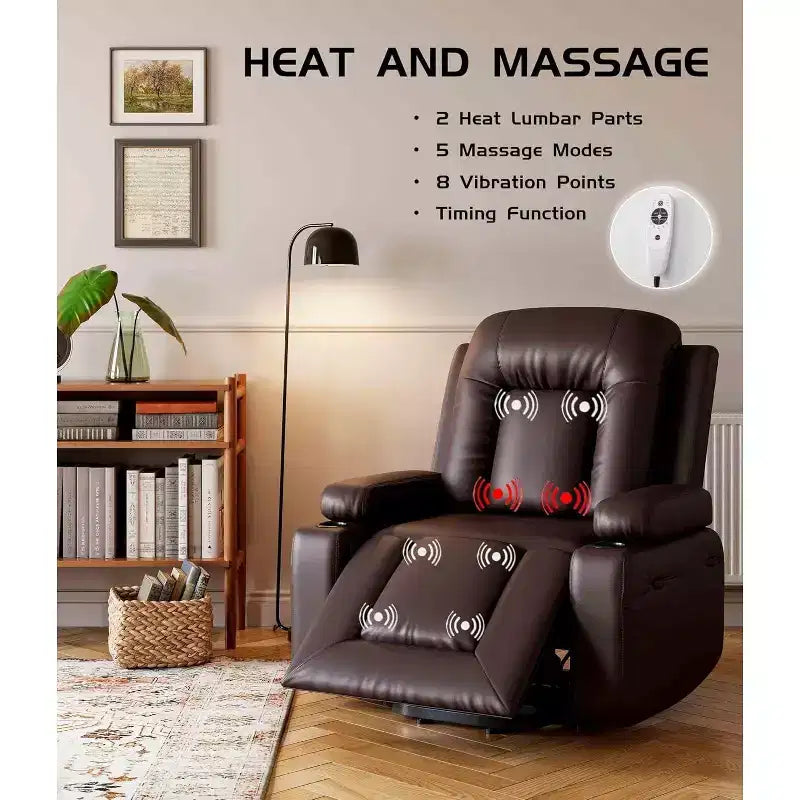 Fauteuil inclinable électrique surdimensionné avec chauffage et massage - Fauteuil inclinable en similicuir, rangement intégré et porte-gobelets
