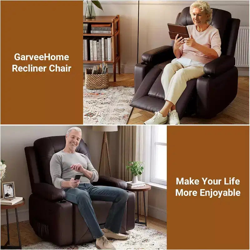 Fauteuil inclinable électrique surdimensionné avec chauffage et massage - Fauteuil inclinable en similicuir, rangement intégré et porte-gobelets