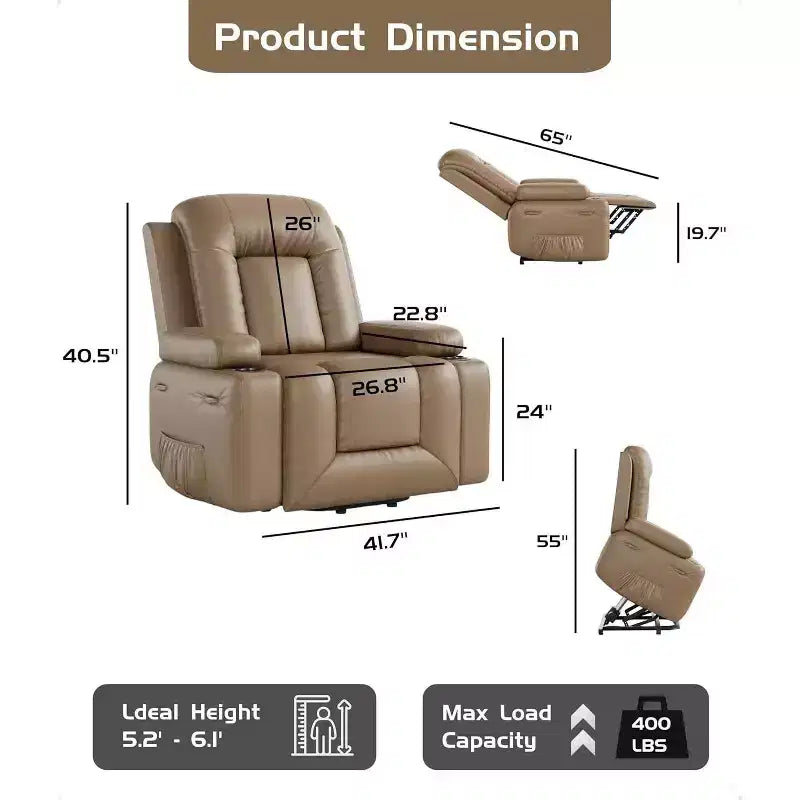 Fauteuil inclinable électrique surdimensionné avec chauffage et massage - Fauteuil inclinable en similicuir, rangement intégré et porte-gobelets