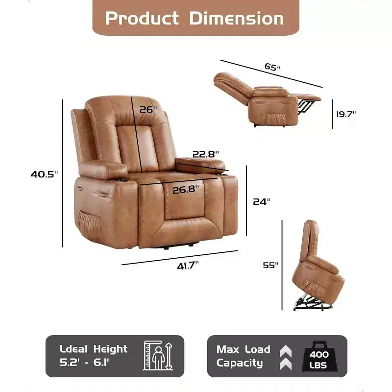 Fauteuil inclinable électrique surdimensionné avec chauffage et massage - Fauteuil inclinable en similicuir, rangement intégré et porte-gobelets