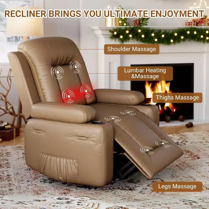 Fauteuil inclinable électrique surdimensionné avec chauffage et massage - Fauteuil inclinable en similicuir, rangement intégré et porte-gobelets