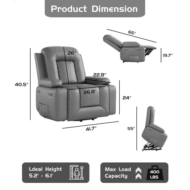 Fauteuil inclinable électrique surdimensionné avec chauffage et massage - Fauteuil inclinable en similicuir, rangement intégré et porte-gobelets
