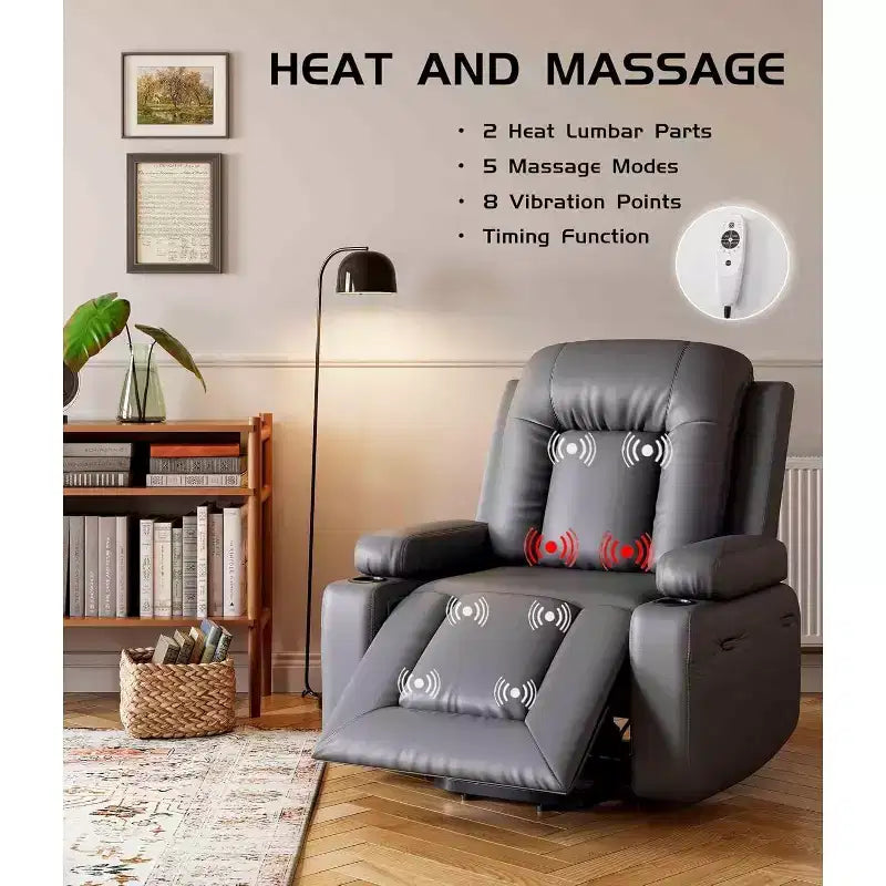 Fauteuil inclinable électrique surdimensionné avec chauffage et massage - Fauteuil inclinable en similicuir, rangement intégré et porte-gobelets