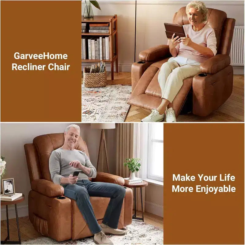 Fauteuil inclinable électrique surdimensionné avec chauffage et massage - Fauteuil inclinable en similicuir, rangement intégré et porte-gobelets