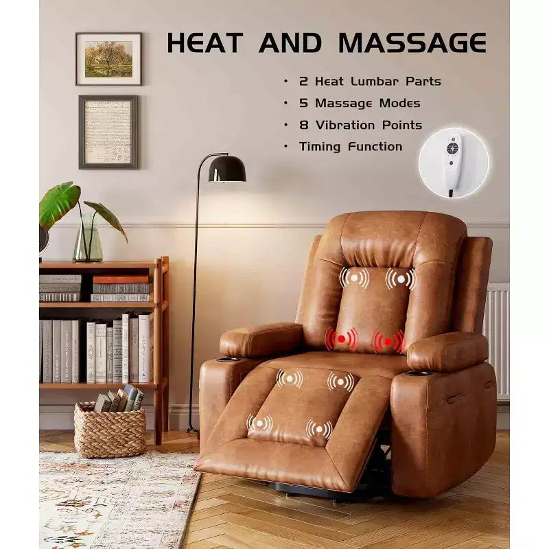Fauteuil inclinable électrique surdimensionné avec chauffage et massage - Fauteuil inclinable en similicuir, rangement intégré et porte-gobelets