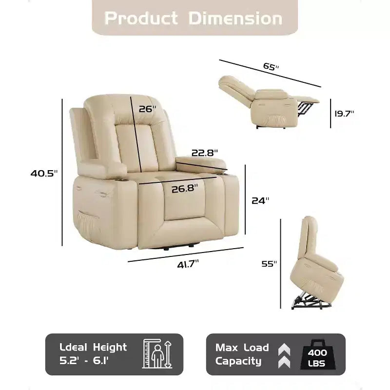 Fauteuil inclinable électrique surdimensionné avec chauffage et massage - Fauteuil inclinable en similicuir, rangement intégré et porte-gobelets
