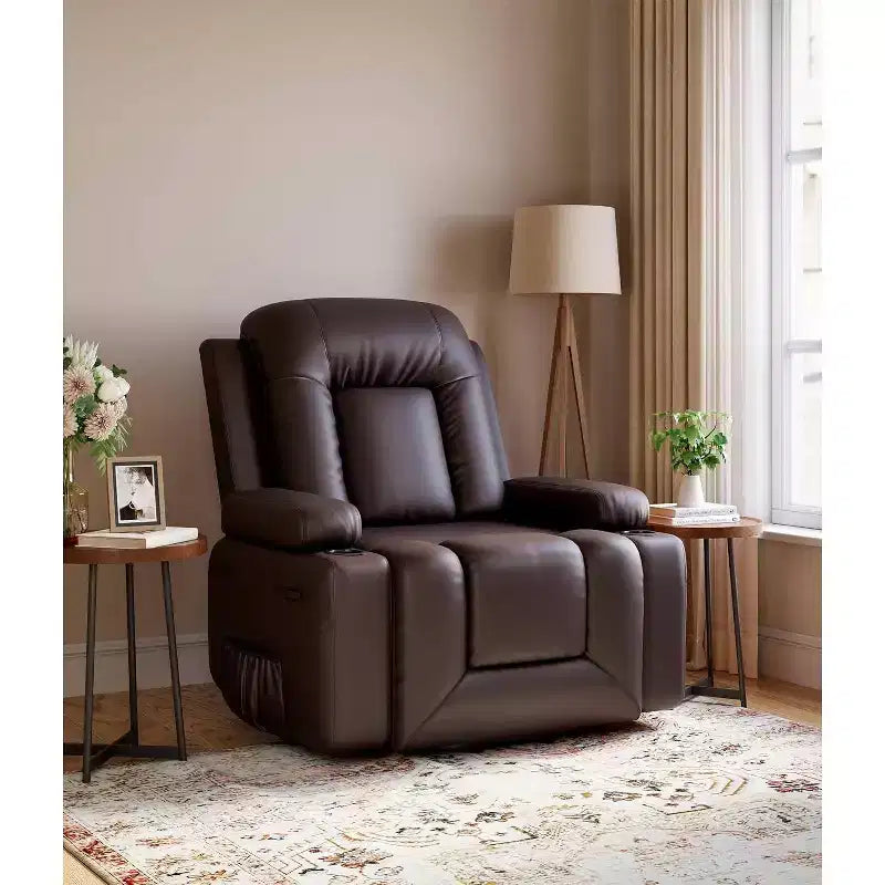 Fauteuil inclinable électrique surdimensionné avec chauffage et massage - Fauteuil inclinable en similicuir, rangement intégré et porte-gobelets